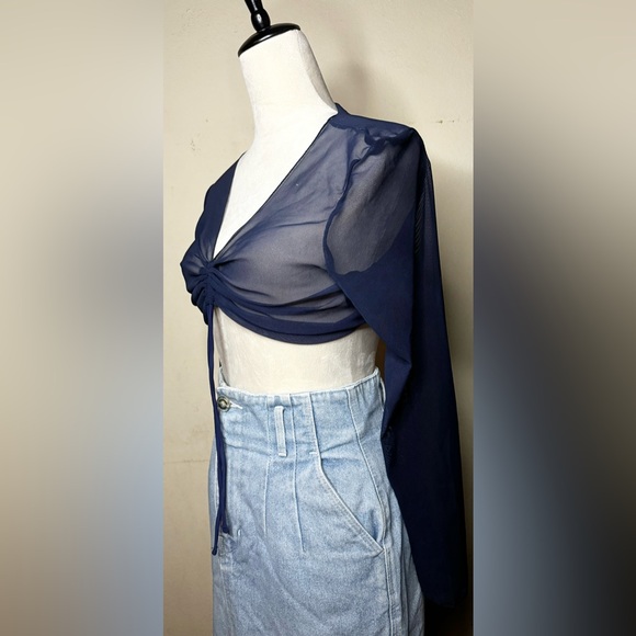 Mesh Sheer long Sleeve Crop Top with ties underbust v neck fishnet ruched noir - Picture 4 of 8